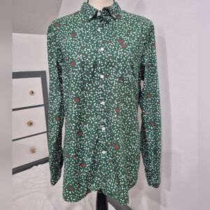 EUC Denim & Flower Holiday Reindeer Button Down